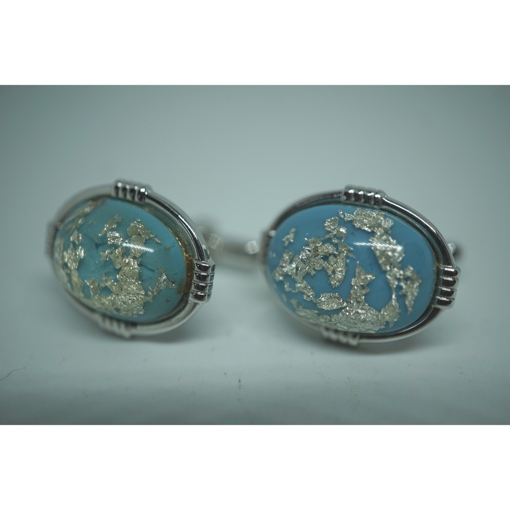 Vintage Hickok Mens Cufflinks Silver Tone Faux Turquoise Foil Inlay Oval Toggle